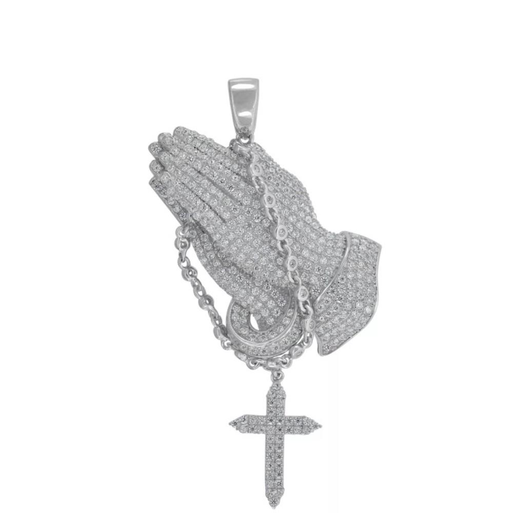 925 Sterling SIlver Hands Rosary Cross CZ Pendant - Picture 2 of 2
